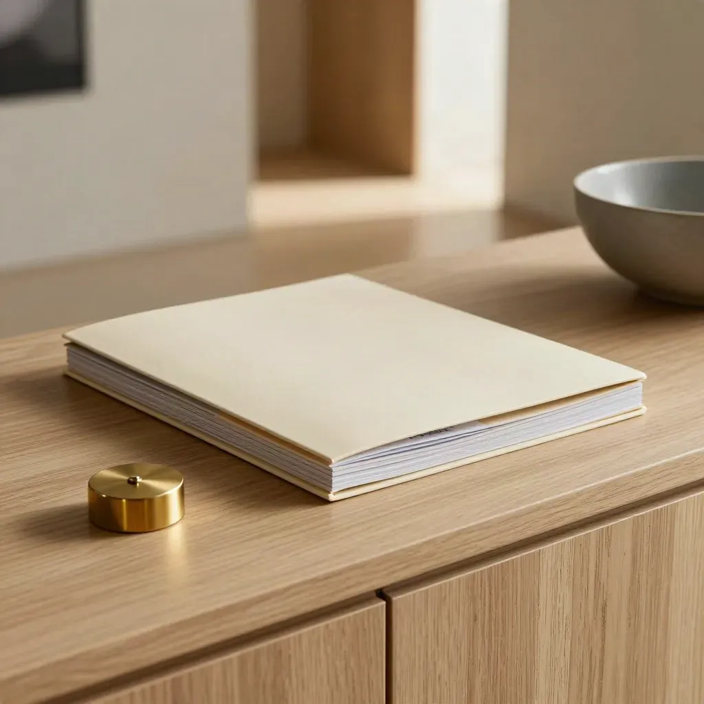 Wealth review folio with folded cash-flow card and brass paperweight on a pale oak credenza.