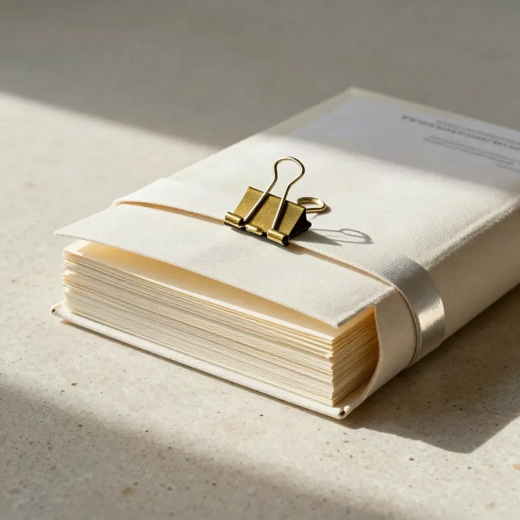 Cream planning packet with linen wrap and brass clip on travertine, softly lit.