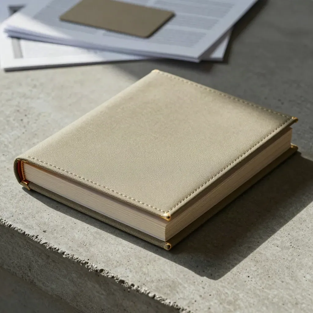 Sand cloth wealth review portfolio half-open on textured concrete with gold edge light