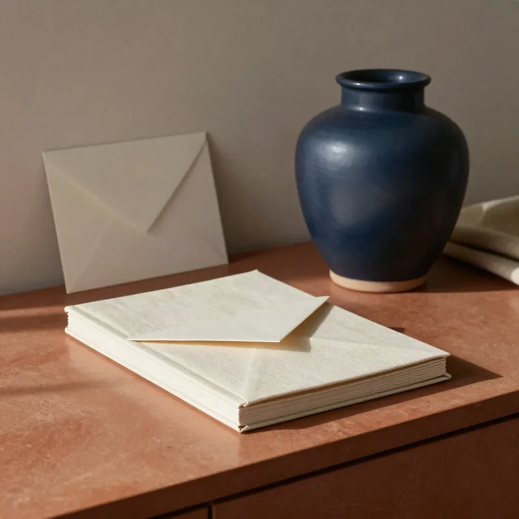 Linen finance folio beside a ceramic vessel on a terracotta sideboard in soft daylight.