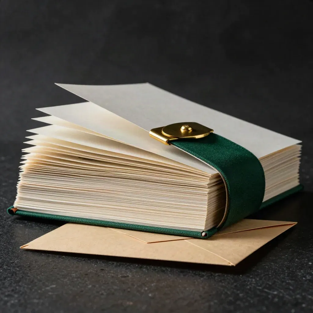 Macro of a Haven Capital planning bundle with folio stack, emerald wrap, brass clasp and envelope.