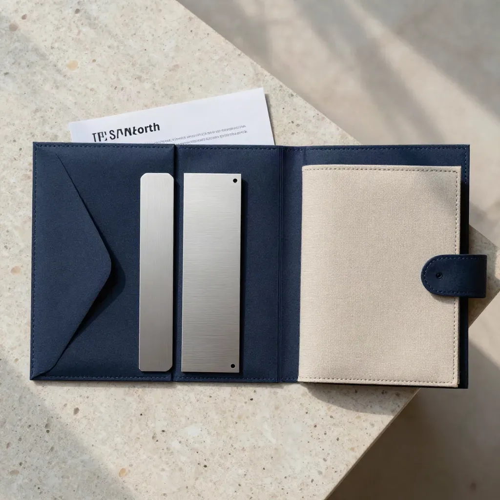Overhead navy TFSA review folio with envelope and tabbed inserts on pale travertine.