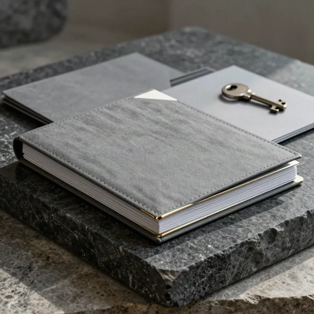 Graphite cloth RRSP folder with brass edge on stone, dramatic macro advertising shot