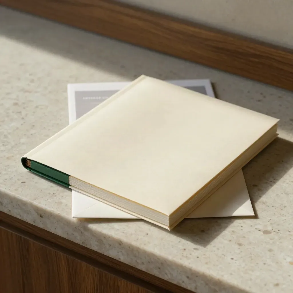 Cream FHSA folio, pale envelope and insert stack on travertine, softly lit with emerald accent.
