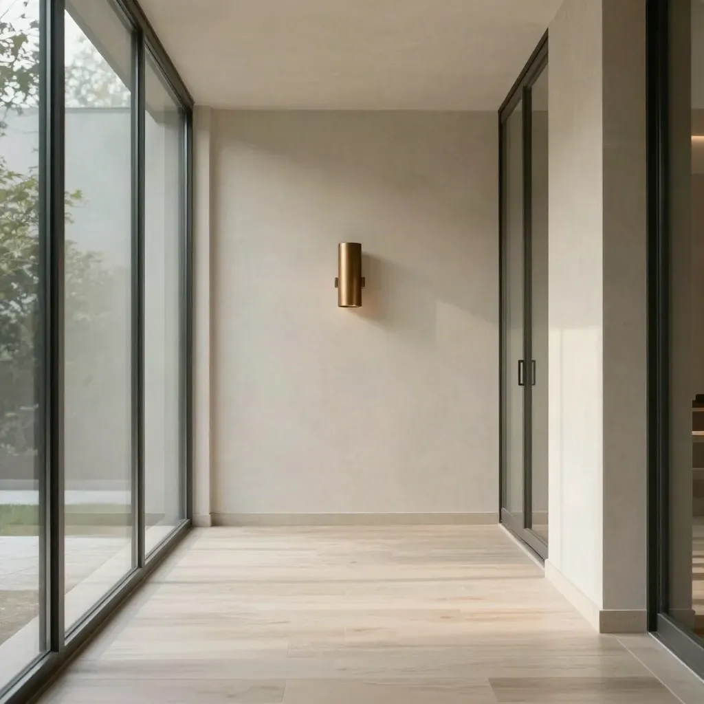 Sunlit glass corridor with maple wall, bronze sconce, and distant stair turn