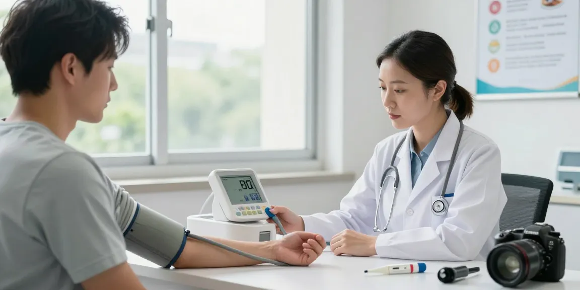Health professional using a blood pressure apparatus during a patient examination.